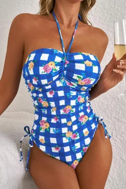 Best Dear-Lover Folk Gingham Halter Ruched Bodice Drawstring Ties One Piece Swimwear Blue
