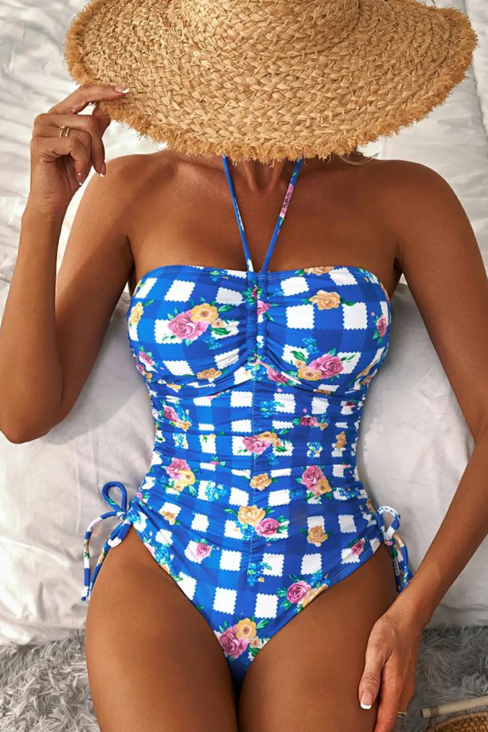 Best Dear-Lover Folk Gingham Halter Ruched Bodice Drawstring Ties One Piece Swimwear Blue