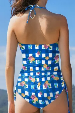 Best Dear-Lover Folk Gingham Halter Ruched Bodice Drawstring Ties One Piece Swimwear Blue