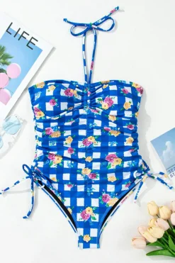 Best Dear-Lover Folk Gingham Halter Ruched Bodice Drawstring Ties One Piece Swimwear Blue