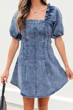 Online Dear-Lover Frilly Square Neck Bustier Puff Sleeve Short Denim Dress Blue