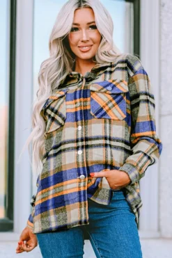 Clearance Dear-Lover Geometric Plaid Print Pocketed Shacket Blue