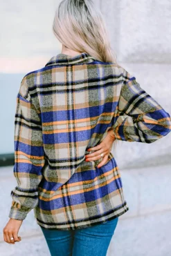 Clearance Dear-Lover Geometric Plaid Print Pocketed Shacket Blue