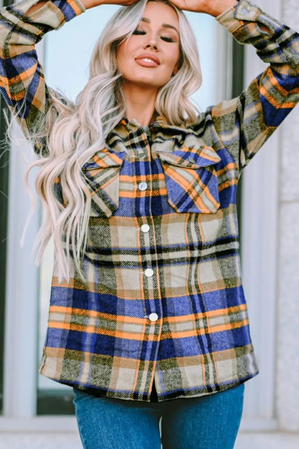 Clearance Dear-Lover Geometric Plaid Print Pocketed Shacket Blue