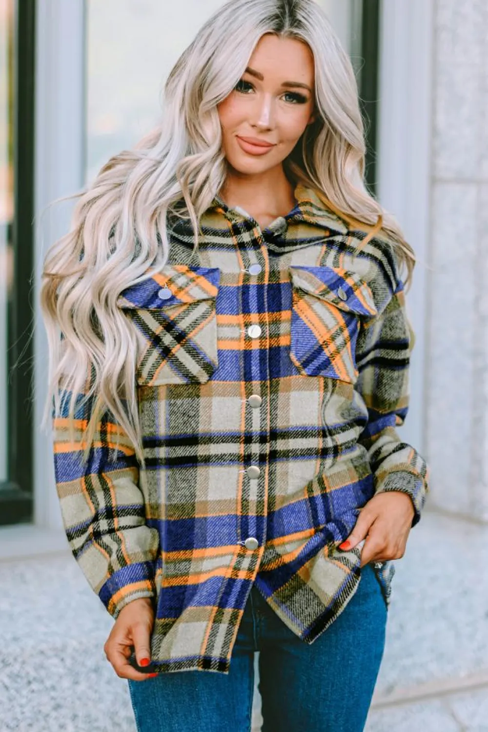 Clearance Dear-Lover Geometric Plaid Print Pocketed Shacket Blue