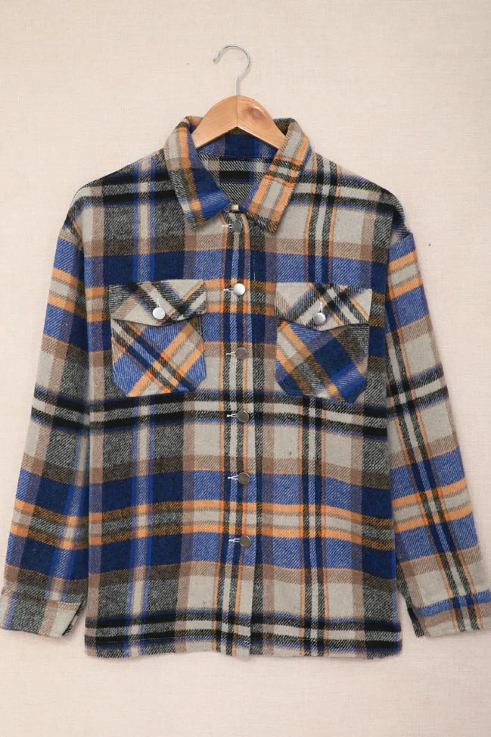 Clearance Dear-Lover Geometric Plaid Print Pocketed Shacket Blue