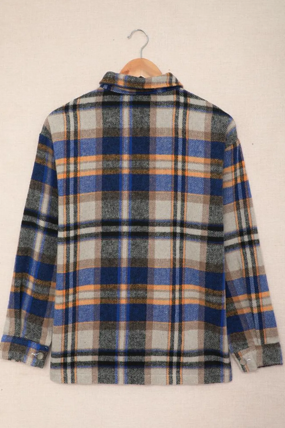 Clearance Dear-Lover Geometric Plaid Print Pocketed Shacket Blue