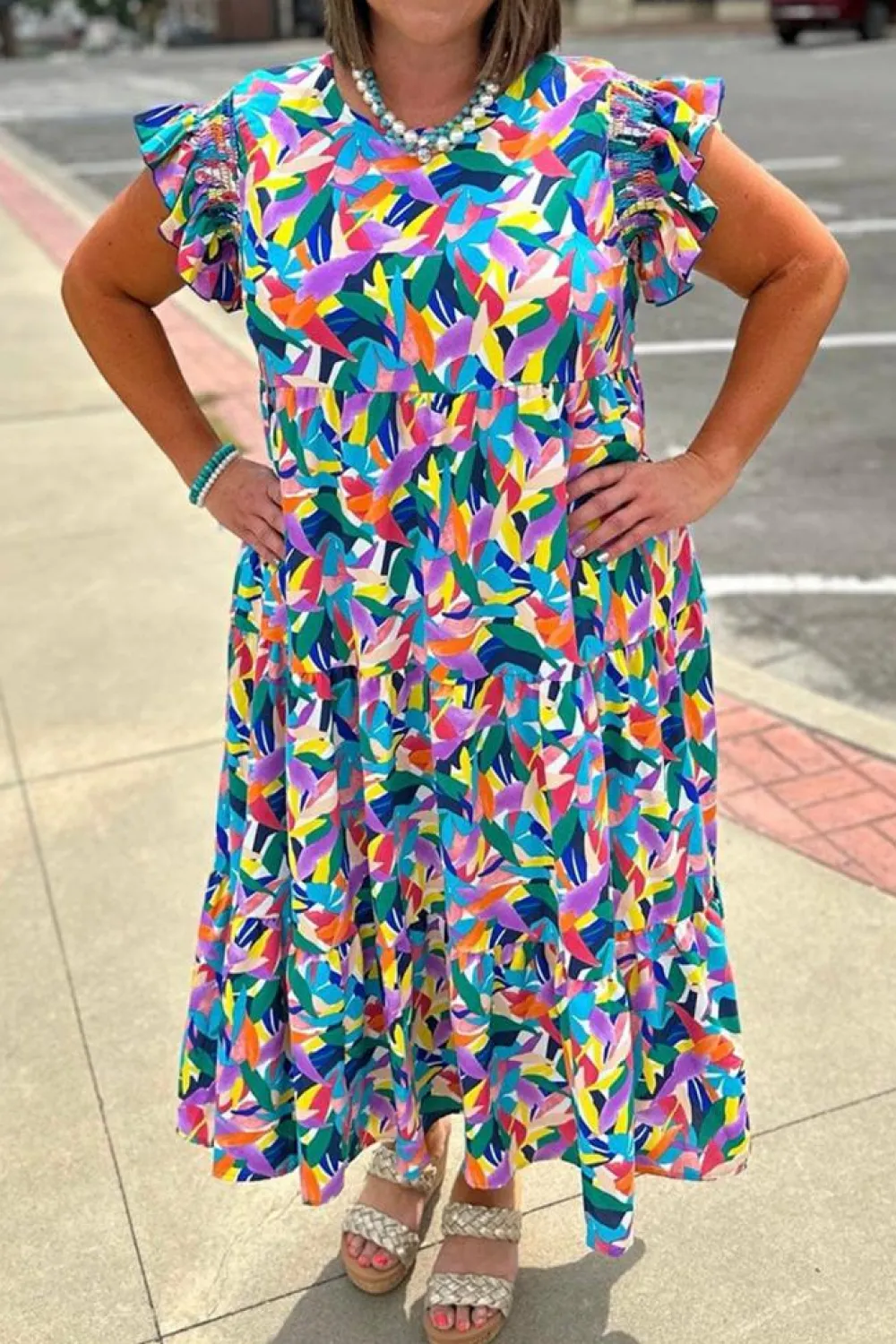 Clearance Dear-Lover Geometric Print Ruffled Short Sleeve Plus Size Tiered Maxi Dress Blue