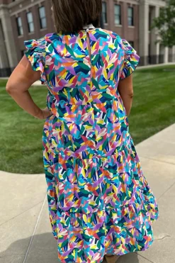 Clearance Dear-Lover Geometric Print Ruffled Short Sleeve Plus Size Tiered Maxi Dress Blue