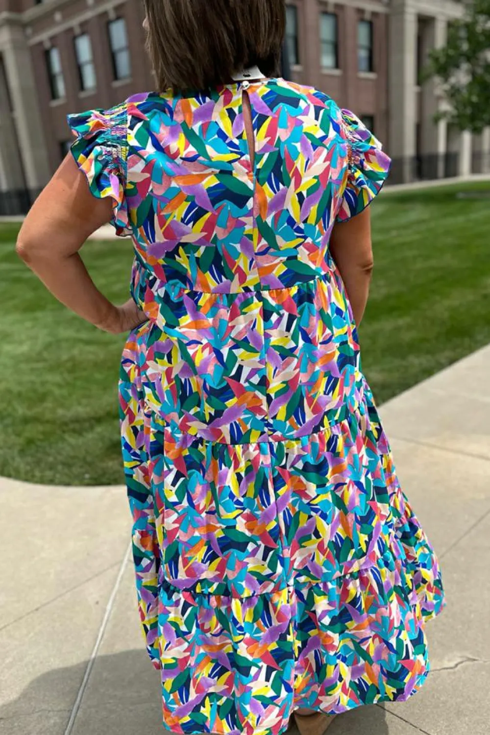 Clearance Dear-Lover Geometric Print Ruffled Short Sleeve Plus Size Tiered Maxi Dress Blue
