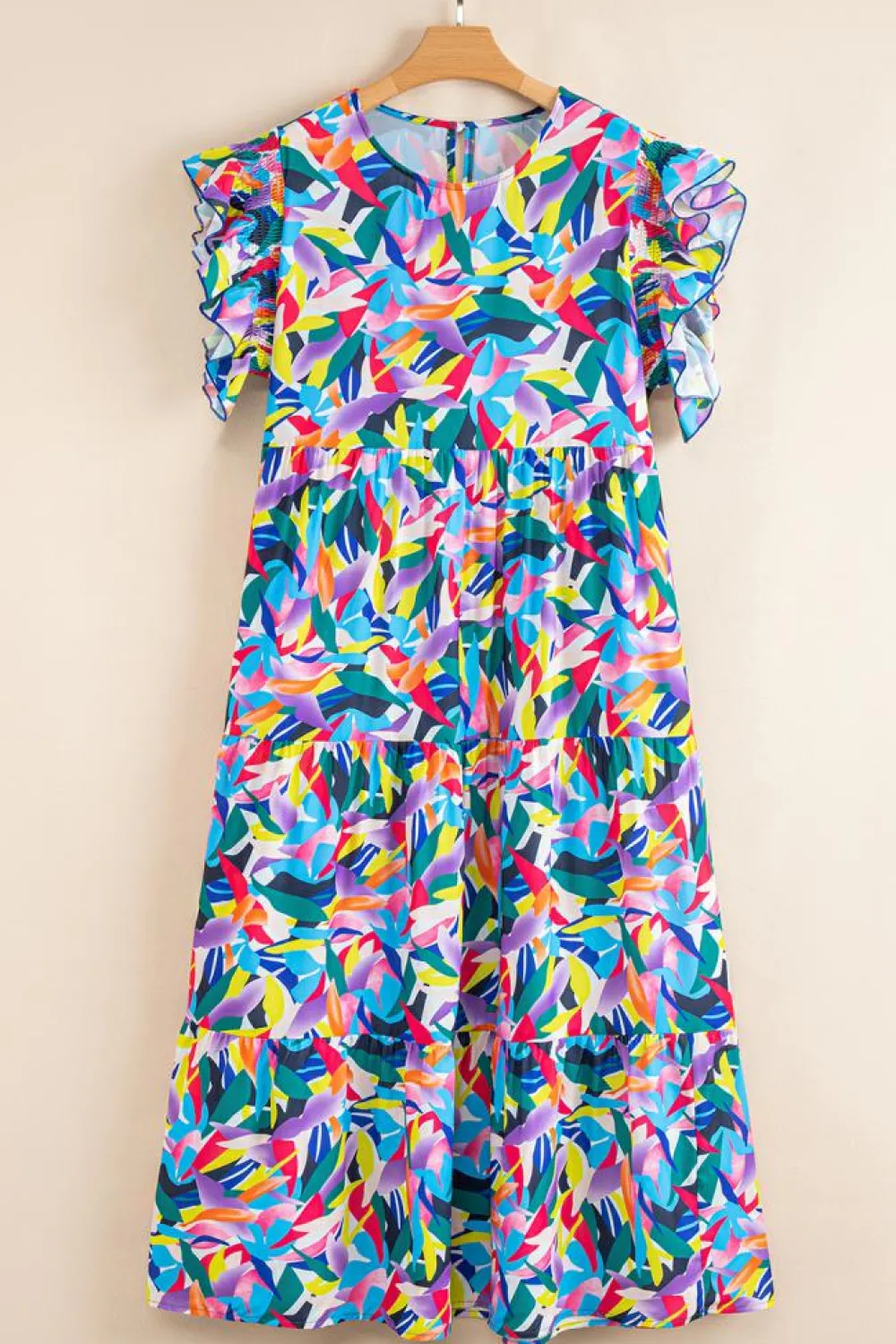 Clearance Dear-Lover Geometric Print Ruffled Short Sleeve Plus Size Tiered Maxi Dress Blue