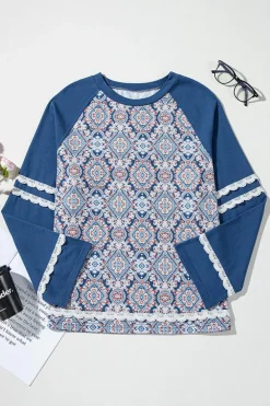 New Dear-Lover Geometric Printed Lace Patchwork Ric Rac Raglan Long Sleeve Top Blue