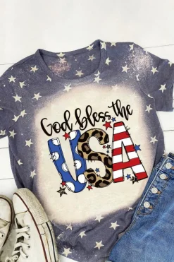 Clearance Dear-Lover God Bless the USA Bleached Stars T Shirt Blue