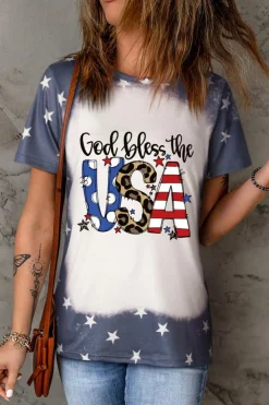 Clearance Dear-Lover God Bless the USA Bleached Stars T Shirt Blue