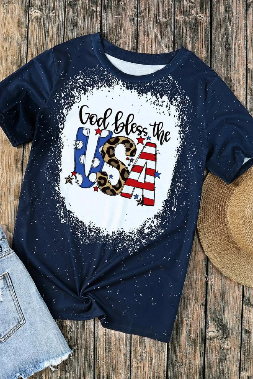 New Dear-Lover God Bless the USA Print Tie Dye T-Shirt Blue