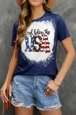 New Dear-Lover God Bless the USA Print Tie Dye T-Shirt Blue