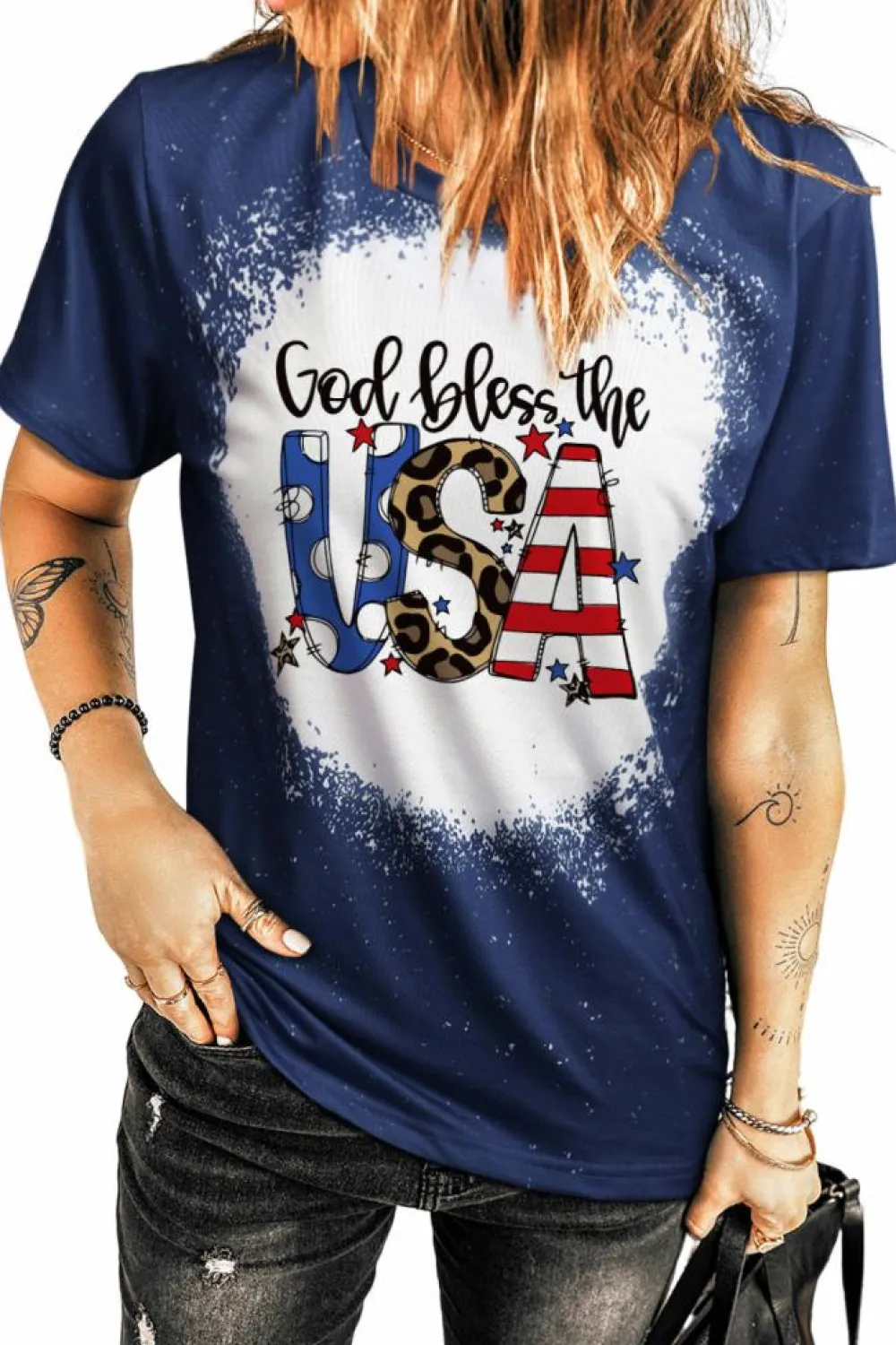 New Dear-Lover God Bless the USA Print Tie Dye T-Shirt Blue