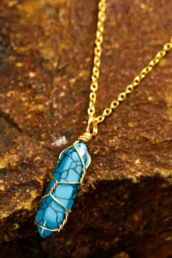 Discount Dear-Lover Gold Wire Wrapped Turquoise Pendant Necklace Blue
