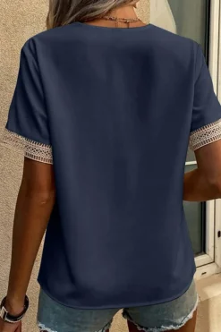 Clearance Dear-Lover Blue Lace Trim V Neck Short Sleeve Blouse Blue-2