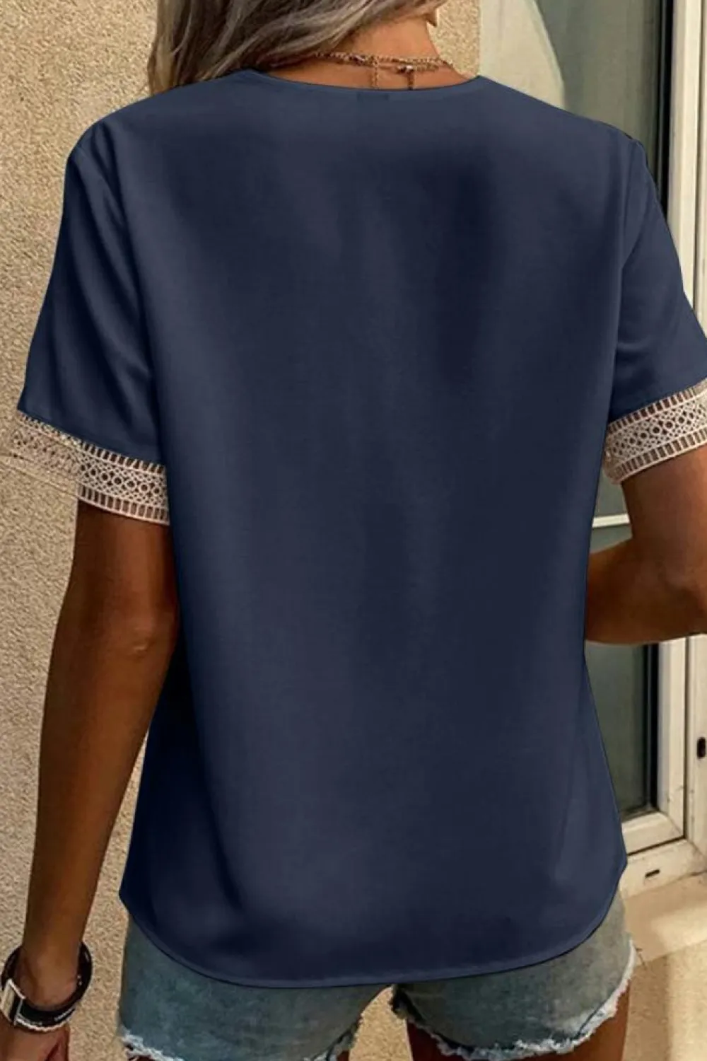 Clearance Dear-Lover Blue Lace Trim V Neck Short Sleeve Blouse Blue-2