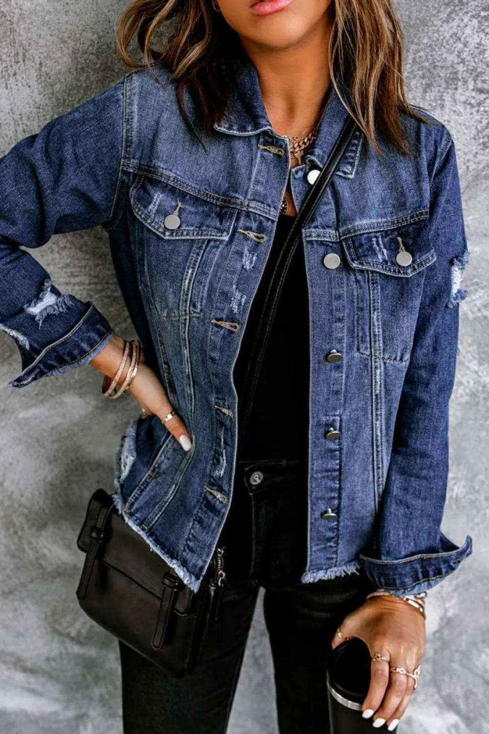 Discount Dear-Lover Lapel Distressed Raw Hem Buttons Denim Jacket Blue