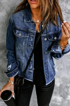Discount Dear-Lover Lapel Distressed Raw Hem Buttons Denim Jacket Blue