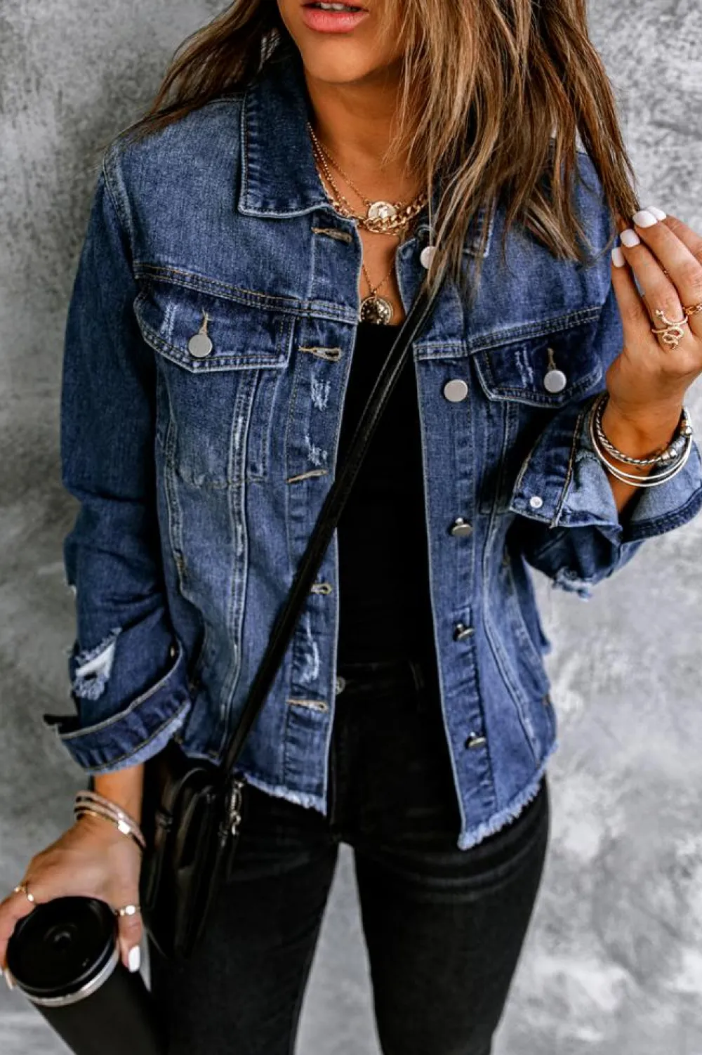 Discount Dear-Lover Lapel Distressed Raw Hem Buttons Denim Jacket Blue