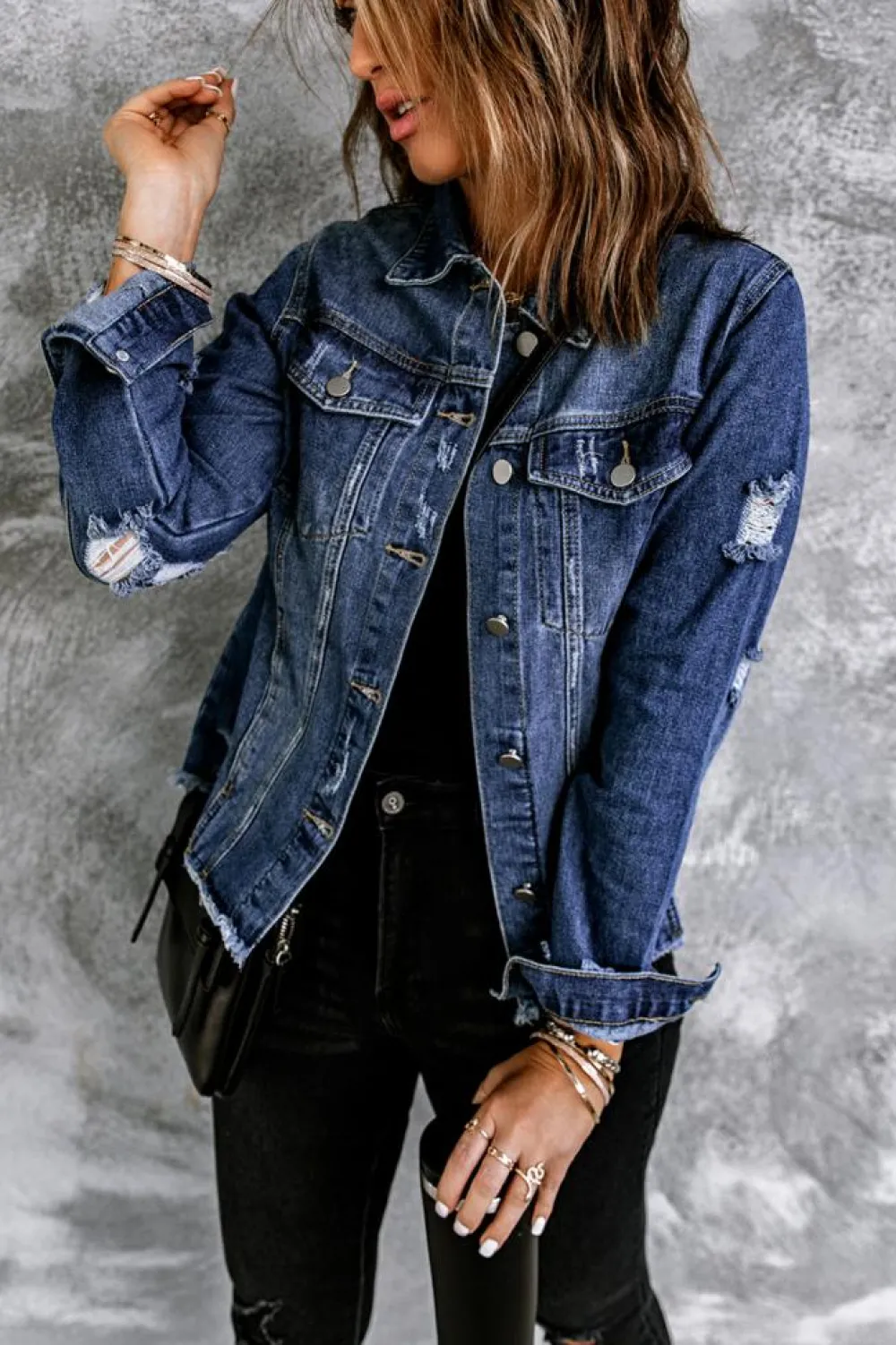 Discount Dear-Lover Lapel Distressed Raw Hem Buttons Denim Jacket Blue