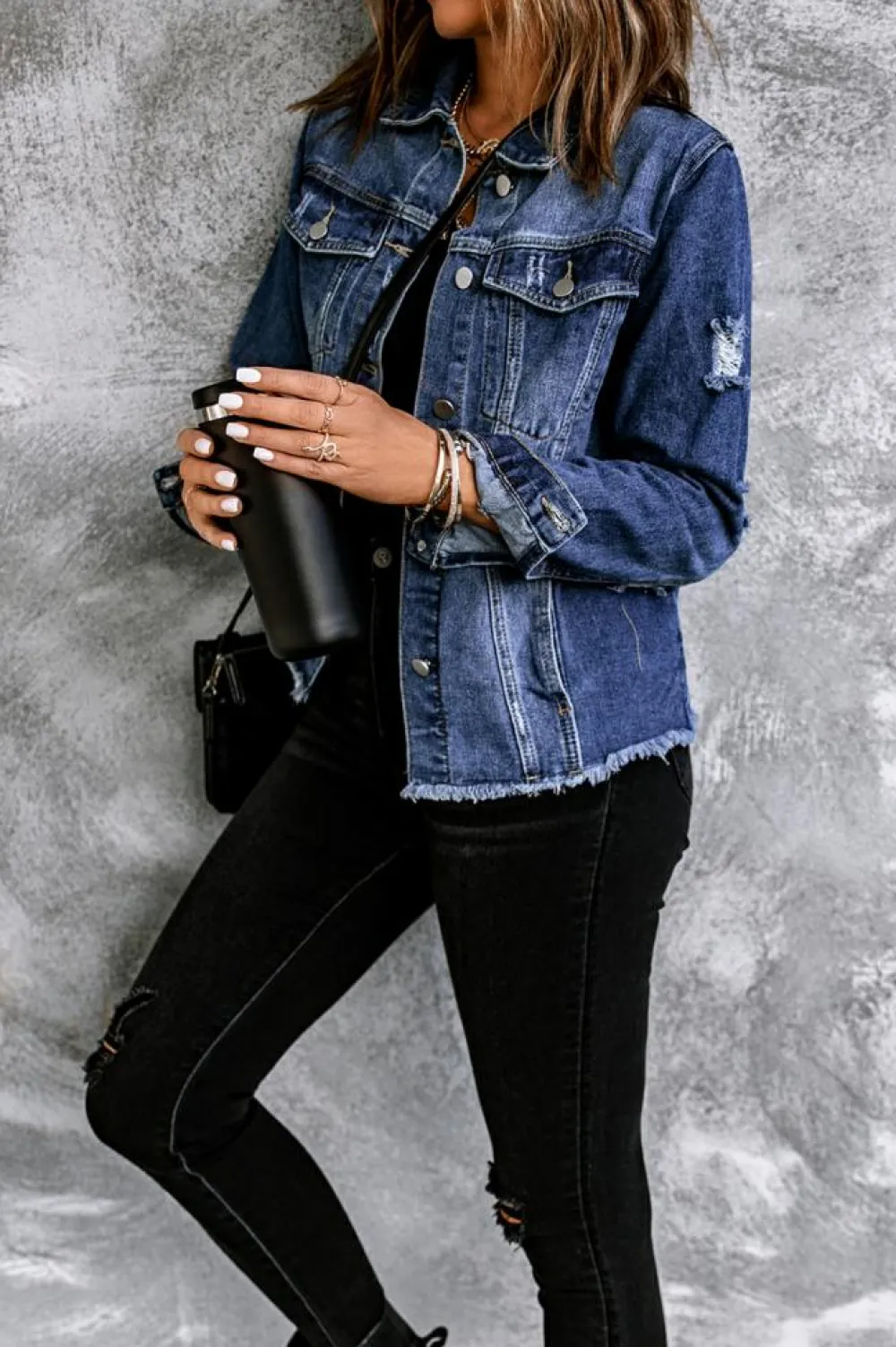 Discount Dear-Lover Lapel Distressed Raw Hem Buttons Denim Jacket Blue