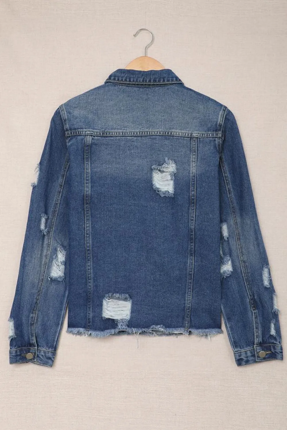 Discount Dear-Lover Lapel Distressed Raw Hem Buttons Denim Jacket Blue