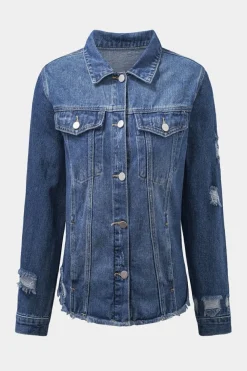 Discount Dear-Lover Lapel Distressed Raw Hem Buttons Denim Jacket Blue