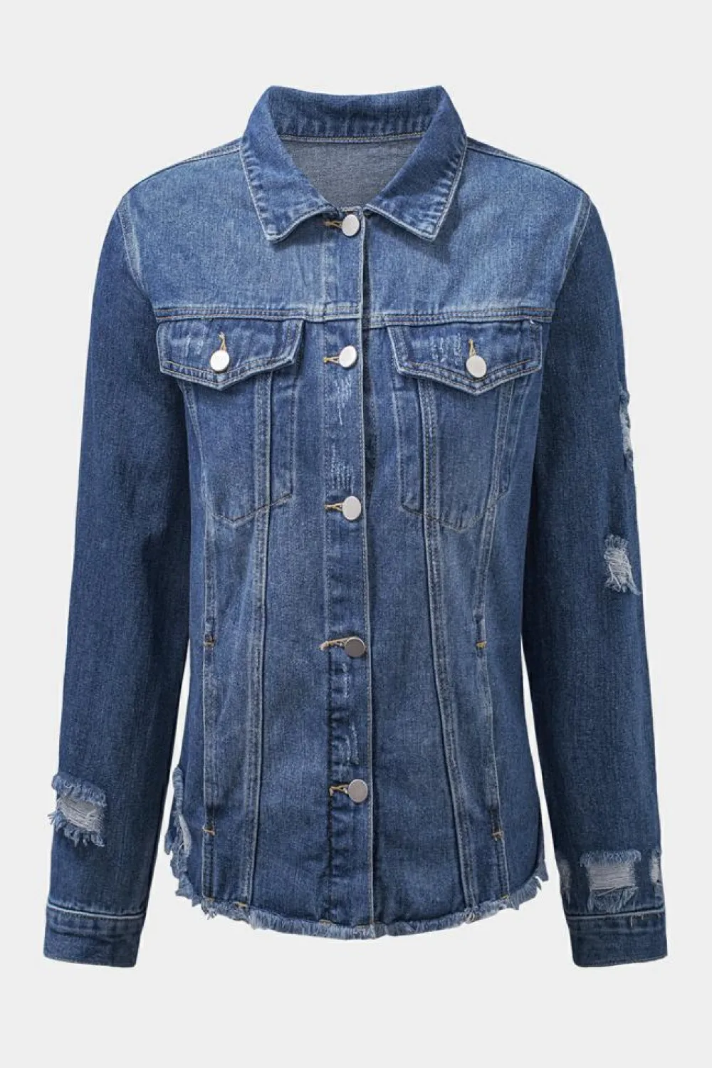 Discount Dear-Lover Lapel Distressed Raw Hem Buttons Denim Jacket Blue