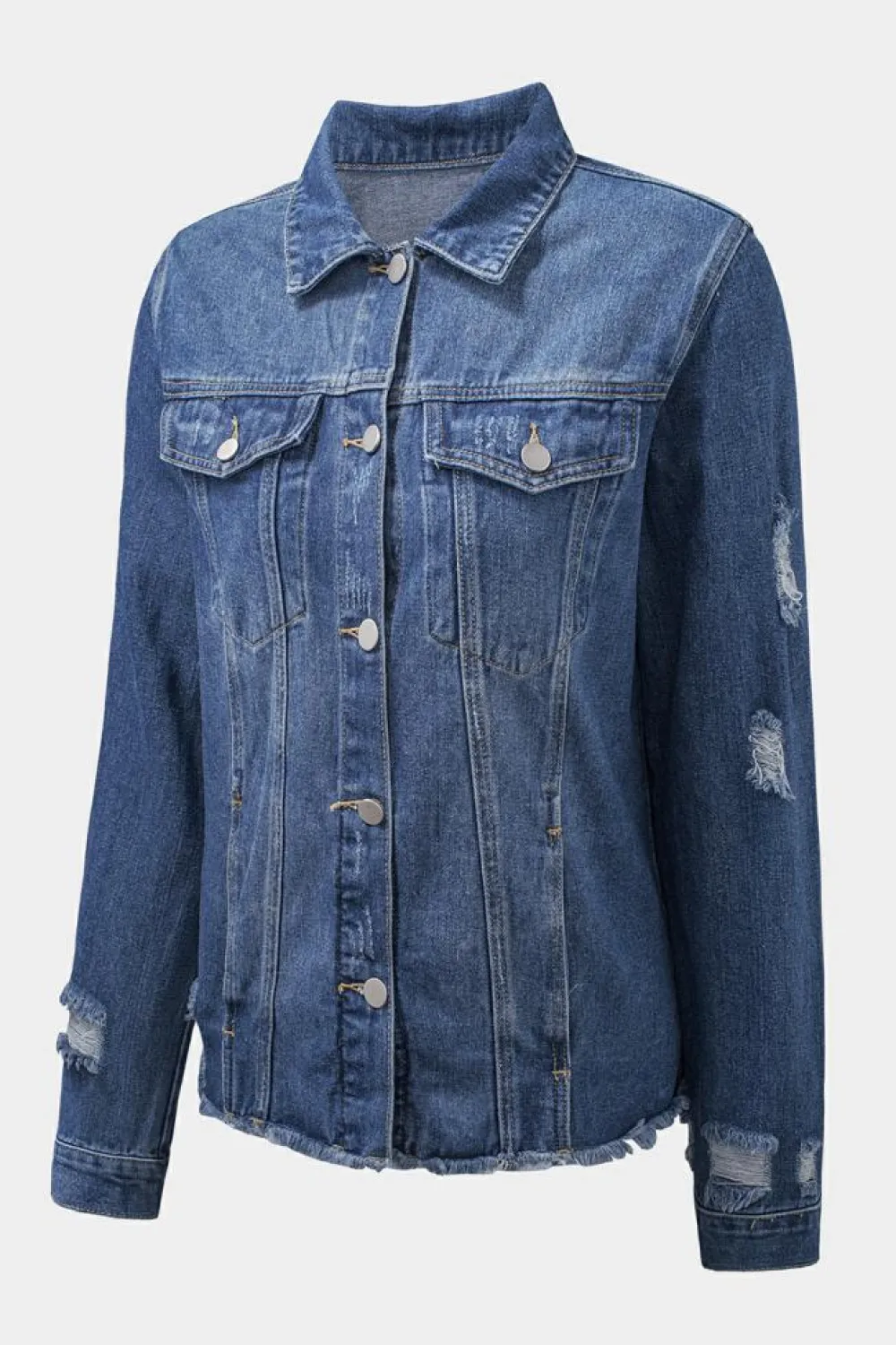 Discount Dear-Lover Lapel Distressed Raw Hem Buttons Denim Jacket Blue