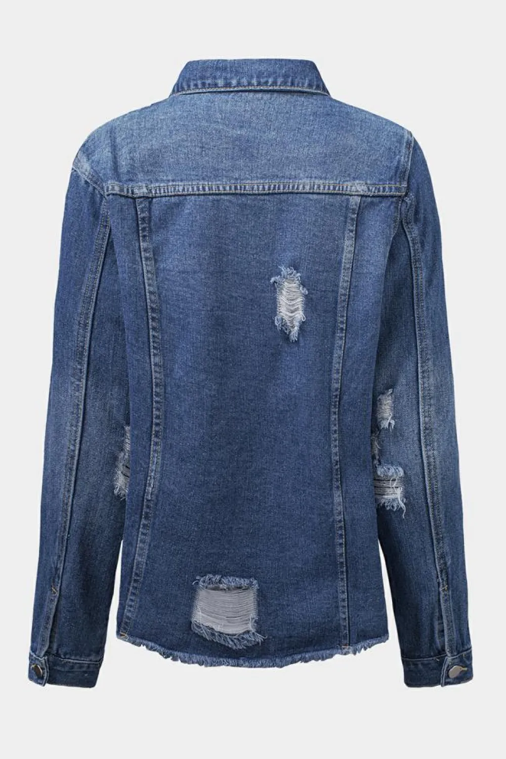 Discount Dear-Lover Lapel Distressed Raw Hem Buttons Denim Jacket Blue