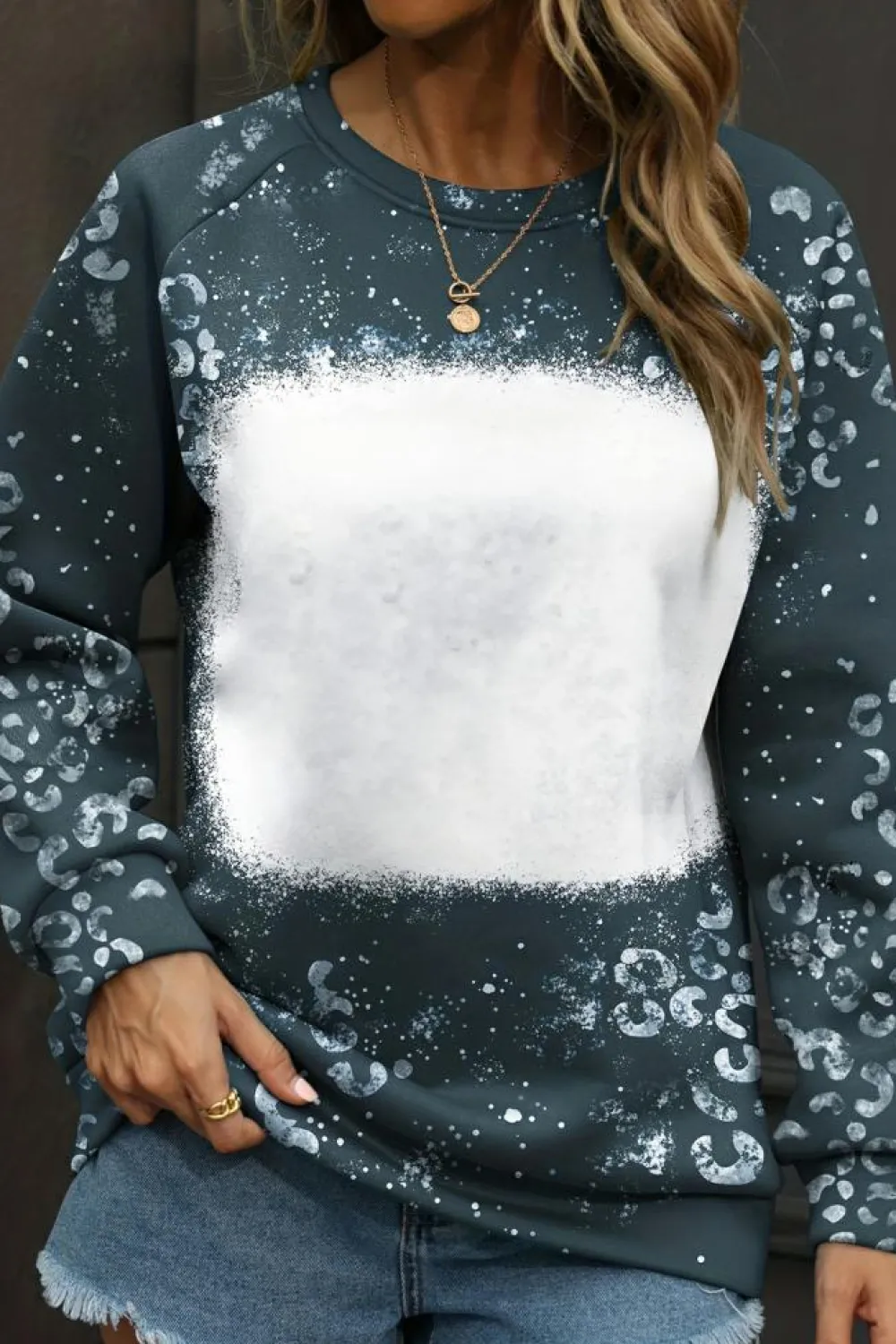 Clearance Dear-Lover Leopard Bleached Raglan Sleeve Crewneck Sweatshirt Blue