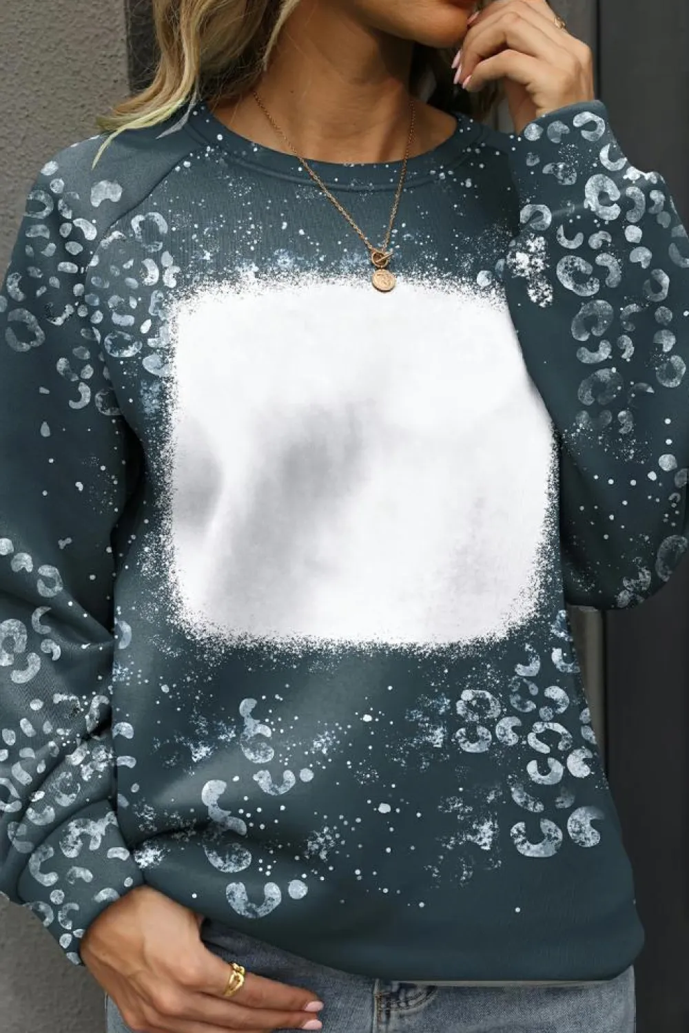Clearance Dear-Lover Leopard Bleached Raglan Sleeve Crewneck Sweatshirt Blue