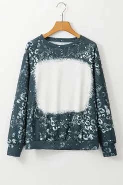 Clearance Dear-Lover Leopard Bleached Raglan Sleeve Crewneck Sweatshirt Blue