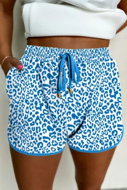 Best Dear-Lover Leopard Elastic Waist Lace up Contrast Trim Casual Shorts Blue