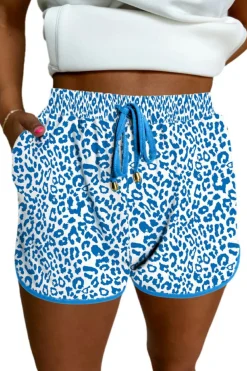 Best Dear-Lover Leopard Elastic Waist Lace up Contrast Trim Casual Shorts Blue