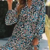 Outlet Dear-Lover Leopard Print Bubble Sleeve Ruffled Shirt Dress Blue