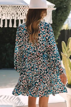 Outlet Dear-Lover Leopard Print Bubble Sleeve Ruffled Shirt Dress Blue
