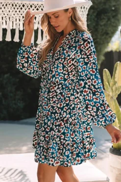 Outlet Dear-Lover Leopard Print Bubble Sleeve Ruffled Shirt Dress Blue