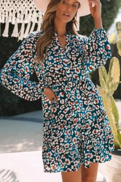 Outlet Dear-Lover Leopard Print Bubble Sleeve Ruffled Shirt Dress Blue