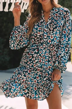 Outlet Dear-Lover Leopard Print Bubble Sleeve Ruffled Shirt Dress Blue