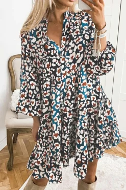 Outlet Dear-Lover Leopard Print Bubble Sleeve Ruffled Shirt Dress Blue