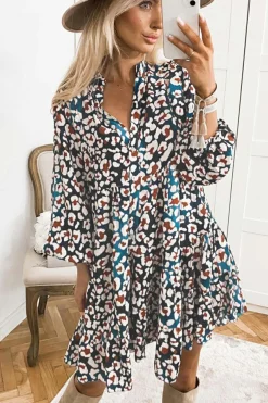Outlet Dear-Lover Leopard Print Bubble Sleeve Ruffled Shirt Dress Blue