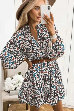 Outlet Dear-Lover Leopard Print Bubble Sleeve Ruffled Shirt Dress Blue