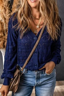 Outlet Dear-Lover Lightweight Buttoned Front Crochet Cardigan Blue