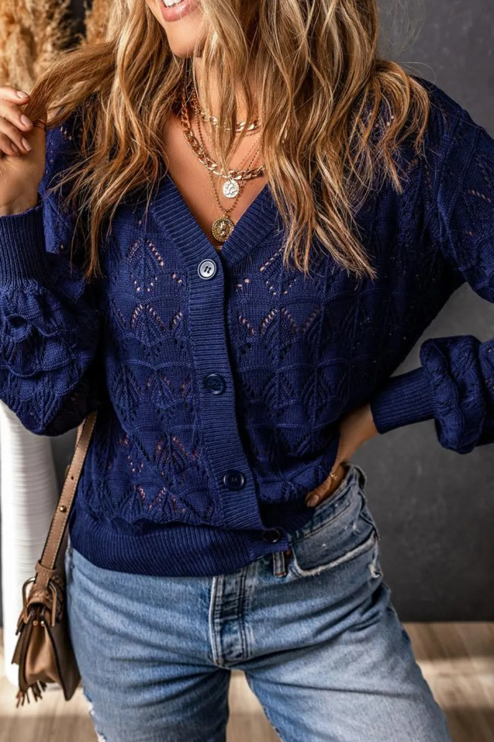 Outlet Dear-Lover Lightweight Buttoned Front Crochet Cardigan Blue
