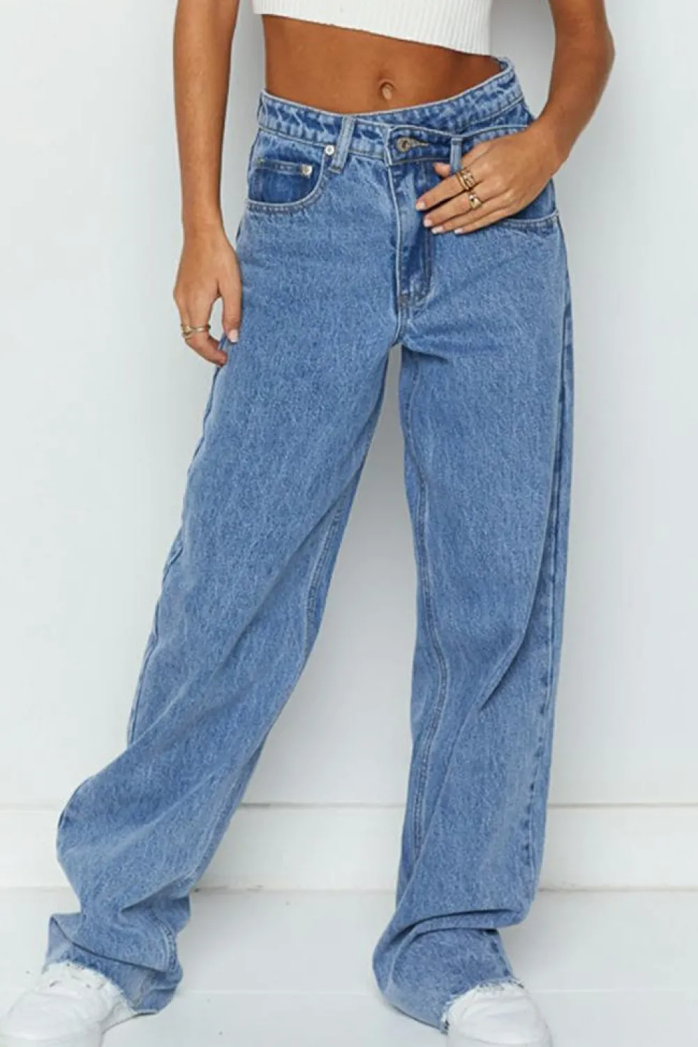 Clearance Dear-Lover Mid Rise Asymmetrical Waist Wide Leg Jeans Blue